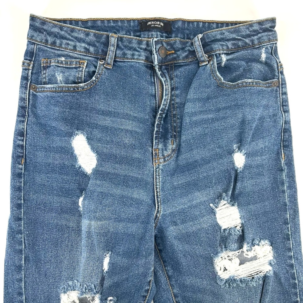 American Bazi Los Angeles Distressed High Rise Mom Jeans Blue Taper Leg Size 13